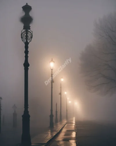 A lamp post illuminating a foggy street, its light forming various dream symbols in the mist.