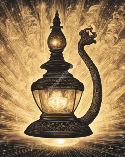 A lamp with a genie-like figure emerging from its light, surrounded by manifesting wishes, symbolizing illumination and guidance.