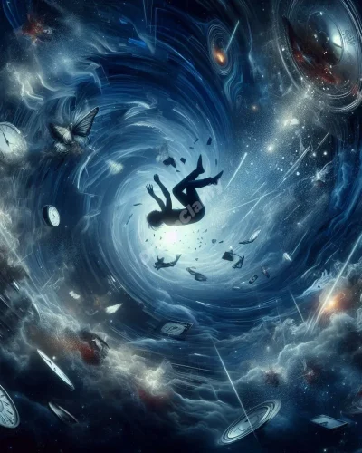 Surreal digital art depicting a person falling through a dream abyss, surrounded by distorted clocks and mirrors.