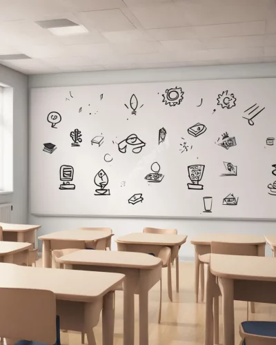 A classroom with floating symbols, representing learning.