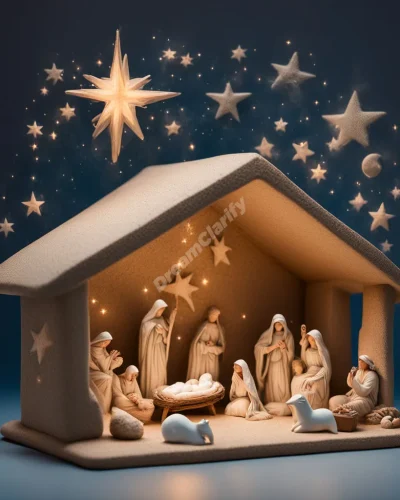 A nativity scene with the figures emitting soft light, forming a cosmic landscape of stars and dream symbols.