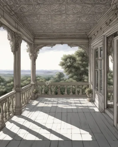 A veranda overlooking various dreamscapes, symbolizing perspective.