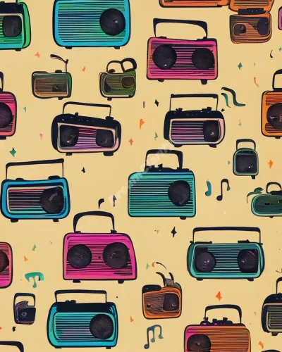 Vintage radios emitting colorful sound waves that form dream images, symbolizing communication and nostalgia.