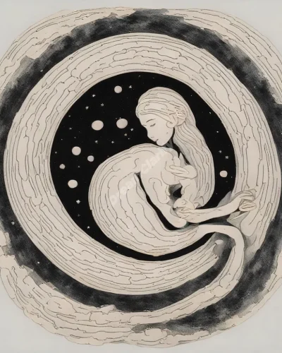 A curled-up figure in a cosmic womb, symbolizing rebirth in fetal position dreams.