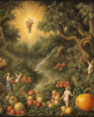 The Garden of Eden with glowing fruit containing dream symbols, representing temptation and primal innocence.