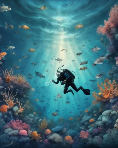 A diver exploring the depths of an underwater dreamscape, discovering hidden symbols, representing exploration and discovery in scuba diving dreams.