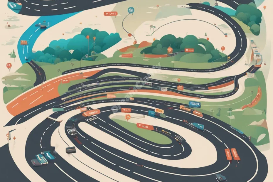 A winding racetrack that transforms into a life path, with various milestones and symbols along the way.