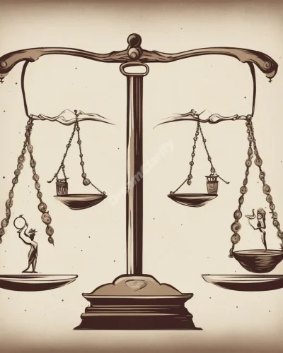 A set of scales balancing various dream symbols, representing justice, decisions, and moral dilemmas.