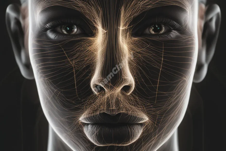 A face with glowing lines indicating a facelift, symbolizing transformation and self-image.