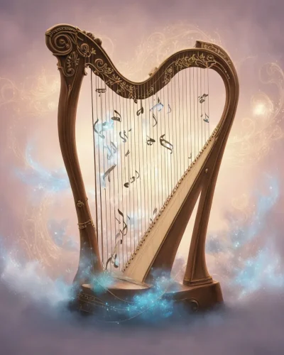 A harp emitting musical notes that form dream symbols in the air, representing harmony and creativity in harp dreams.