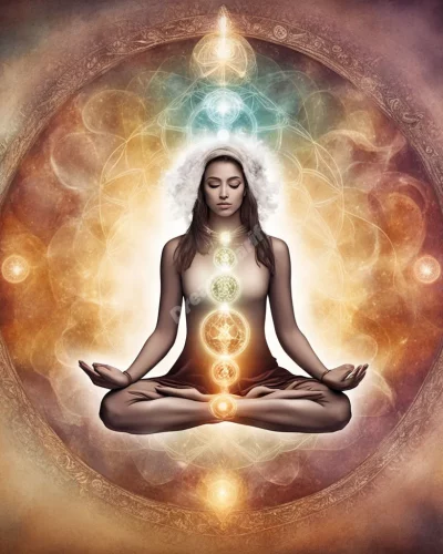 Kundalini energy rising with dream symbols, representing spiritual awakening.