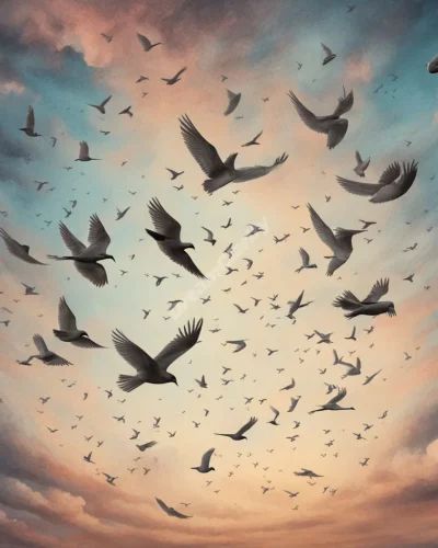 Birds flying through a dream sky, each carrying a different symbol.