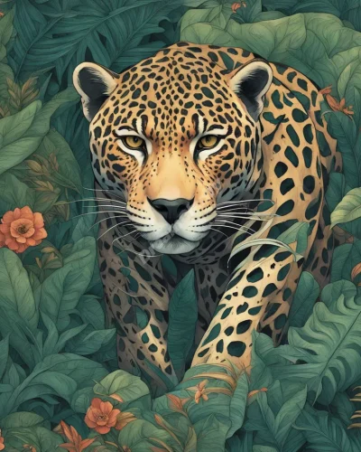 A jaguar moving stealthily through a jungle of dream symbols, representing power and hidden instincts.