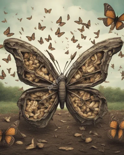 Maggots transforming into butterflies in a surreal garden, symbolizing decay and transformation.