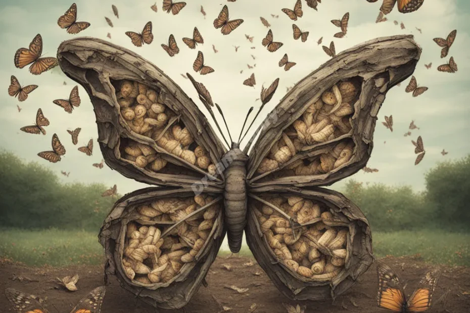 Maggots transforming into butterflies in a surreal garden, symbolizing decay and transformation.