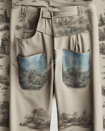 Pants with pockets revealing miniature dreamscapes, representing hidden aspects of the self and daily life.