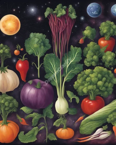 Vegetables growing from a cosmic garden, each revealing a different dream symbol when picked, representing nourishment in vegetable dreams.