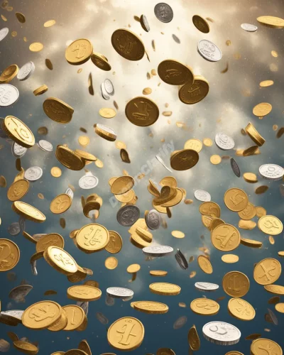 Coins and bills raining down, transforming into dream symbols, representing fortune.