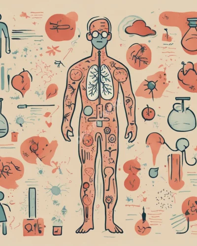 A figure with disease symbols, representing health concerns.