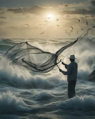 Fishermen casting nets into a dream sea, symbolizing patience and provision.