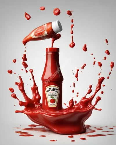 A bottle of ketchup pouring out to form various dream scenes, symbolizing the flavor of life experiences.