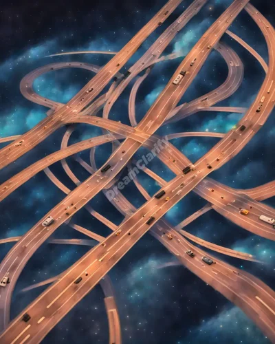 Multiple lanes merging and diverging on a cosmic highway, symbolizing life paths in lane dreams.