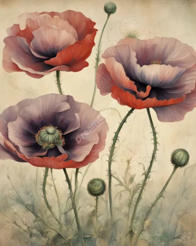 Opium poppies releasing dream symbols, representing escape and altered states.