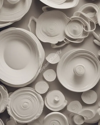 Paper plates spinning like pottery wheels, molding dreams from their centers, symbolizing creativity in everyday objects.