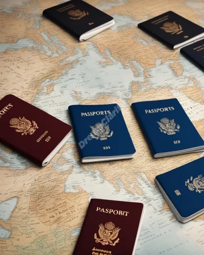 Passports opening to reveal different dream destinations, symbolizing identity.