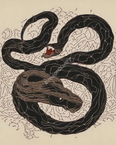 Venom dripping from a snake, forming symbols that represent danger and hidden fears in dreams.
