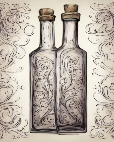 A bottle of vinegar with swirling dream symbols, representing sharpness and preservation.