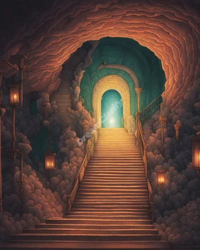 A basement staircase leading down into a glowing dreamscape, representing the descent into the subconscious.