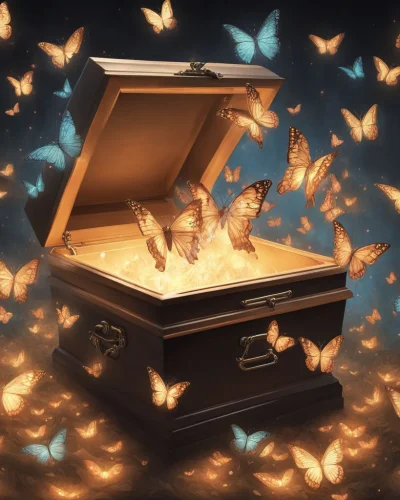 A casket opening to release glowing butterflies, each carrying a symbol representing transformation and rebirth.