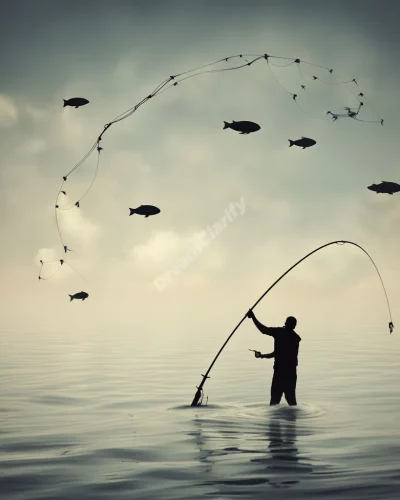 A fishing rod catching dream symbols, representing pursuit.