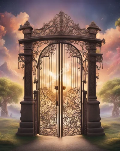 An ornate gate swinging open to reveal a path through various dream landscapes, symbolizing new beginnings and transitions.