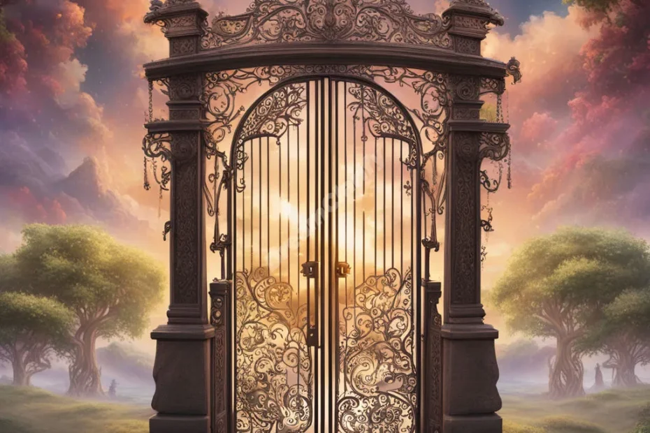 An ornate gate swinging open to reveal a path through various dream landscapes, symbolizing new beginnings and transitions.