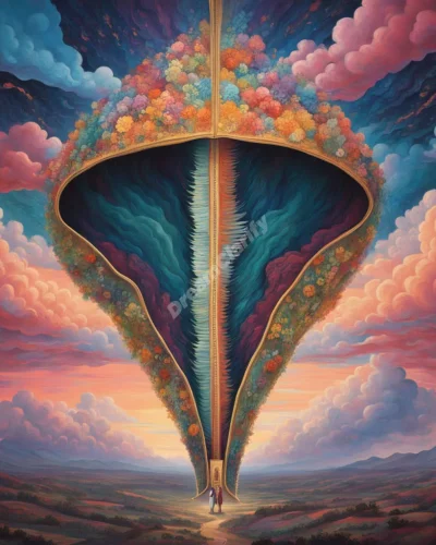 A giant zipper partially open, revealing a colorful dreamscape behind it, symbolizing hidden aspects of the psyche.