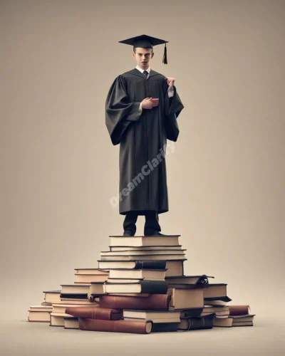 A figure in a graduation robe standing on a podium made of books, symbolizing achievement and recognition.