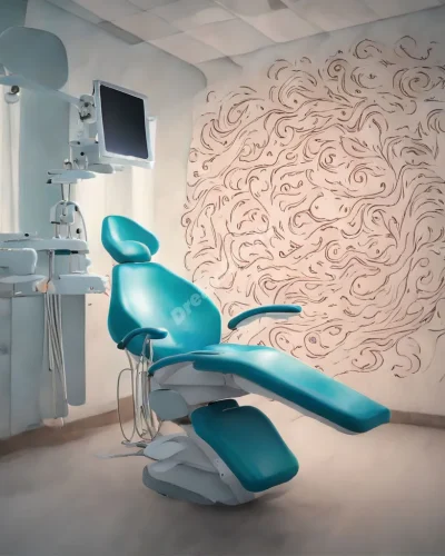 A dental chair with swirling dream symbols, symbolizing anxiety in dentist dreams.