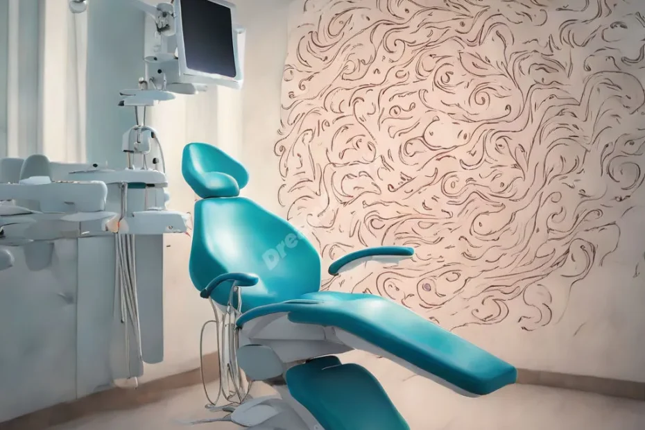 A dental chair with swirling dream symbols, symbolizing anxiety in dentist dreams.