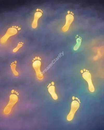 Feet leaving glowing footprints that form various dream symbols, representing life's journey in feet dreams.