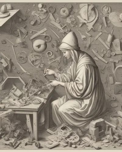 A figure fixing broken objects, revealing hidden symbols.