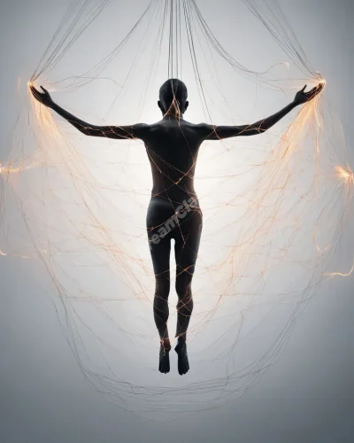 A figure suspended by glowing threads, each one connecting to a different life aspect, representing life's delicate balance.