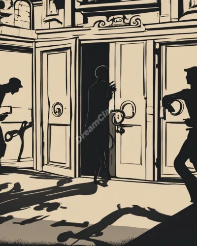 Shadowy figures with keys for hands, standing behind barred doors, representing authority and restriction in dreams.