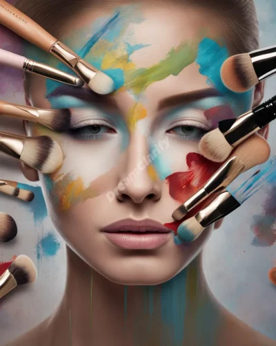 Makeup brushes painting dream symbols onto a face, revealing the true self beneath the surface.