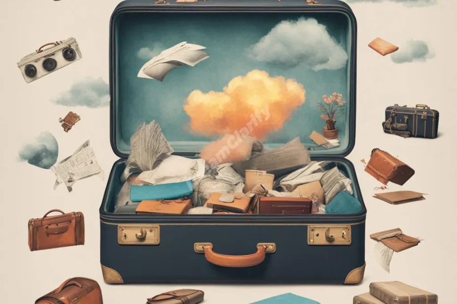 Open suitcases with various objects floating out and transforming into dream symbols.