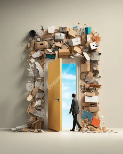 A figure walking through a door made of job-related items, stepping into a new landscape, symbolizing change in quitting job dreams.