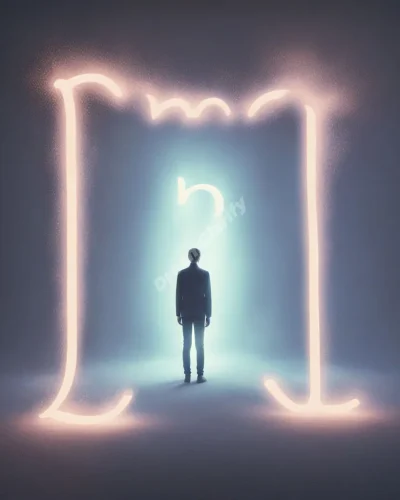 A person's name spelled out in glowing letters, echoing through a dreamy void, representing identity and recognition.