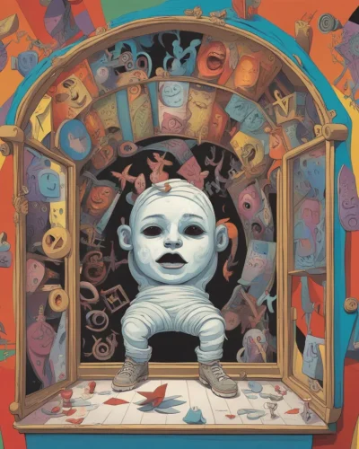 A distorted figure in a funhouse mirror, surrounded by symbols of acceptance and transformation, representing feelings of deformity.