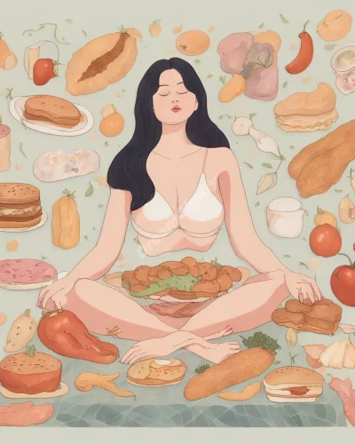 A figure gradually expanding to fill a dreamy space, surrounded by food symbols, representing concerns about body image.